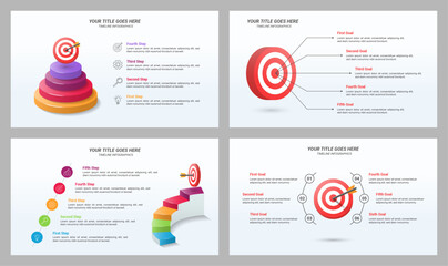 Editable Business Goals Infographic with 4, 5, and 6 Steps with a 16:9 Layout for Business Presentations, Planning, Management, and Evaluation.