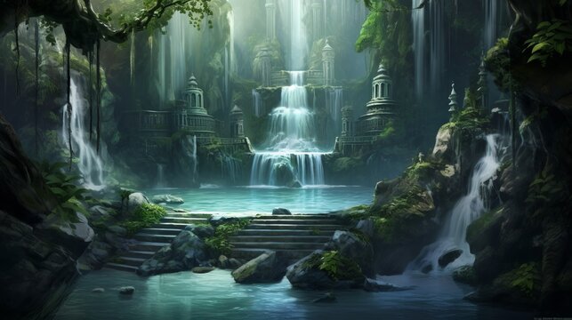 A majestic waterfall cascading into a mystical pool, said to grant wishes to those who dare to approach it.