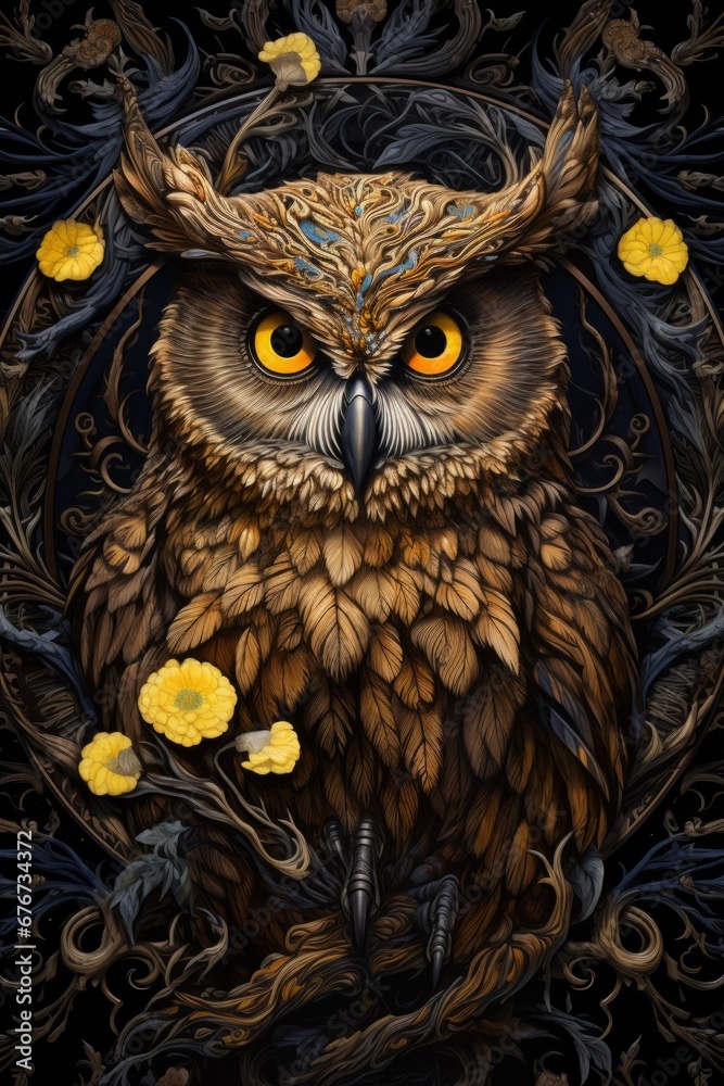 Poster a contemplative portrait of a wise owl, its large, round eyes and intricate feathers symbolizing wis