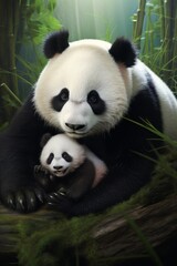 A tender portrait of a nurturing mother panda cradling her cub, evoking feelings of love and protection.