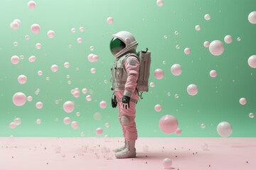The character in an astronaut suit dons a pastel green ensemble and gazes towards the pastel pink and lavender stars, capturing the essence of minimalist cosmic exploration.