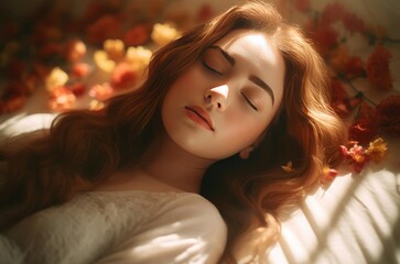 Pretty young woman sleeping. Attractive female sweetheart deeply fall asleep. Generate ai - obrazy, fototapety, plakaty
