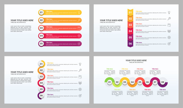 Editable Timeline Infographic with 5, 6, and 8 Steps with a 16:9 Layout for Business Presentations, Planning, Management, and Evaluation.