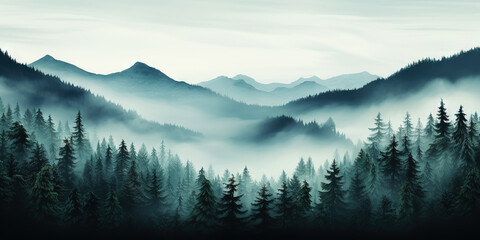 Misty mountain landscape with fir forest in vintage retro style. Generative AI - obrazy, fototapety, plakaty