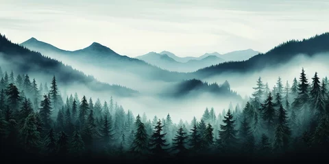 Foto op Aluminium Misty mountain landscape with fir forest in vintage retro style. Generative AI © AngrySun