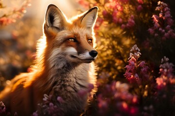 Fox in the forest, fox in spring flowers, close-up of flowers and fox