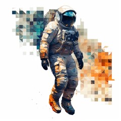 A pixelated representation of an abstract astronaut suit in monochromatic pixelated tones, emphasizing the minimalist and timeless nature of space travel. - obrazy, fototapety, plakaty
