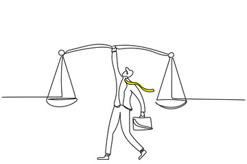 World day of social justice observed every year on february 20. Continuous line art poster design. Social protection for down trodden sector of society. Justice balance scale and hammer. vector art.