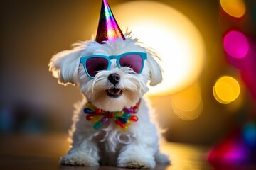 Pet dog wearing sunglasses celebrating birthday, cute puppy wearing sunglasses and birthday hat, pet food, pet supplies store advertisement