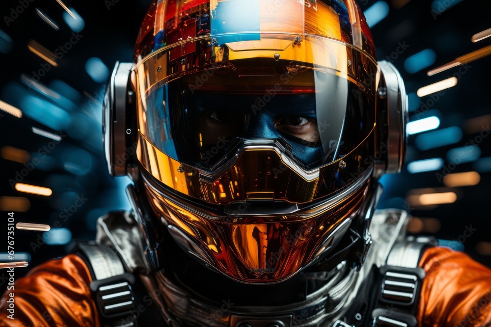Poster an abstract pixelated astronaut suit in vibrant red and orange hues, reminiscent of the intense heat