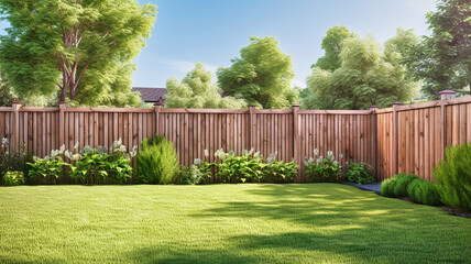 green grass lawn, flowers and wooden fence in summer backyard garden - obrazy, fototapety, plakaty