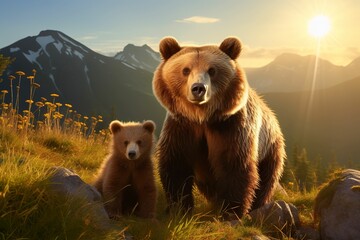 Brown bear and cub in the forest, brown bear family in the wild, close-up of a brown bear