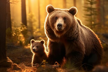 Brown bear and cub in the forest, brown bear family in the wild, close-up of a brown bear