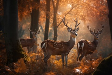 Several stags in autumn forest. Wildlife deer animal in lost fall forest trees. Generate ai