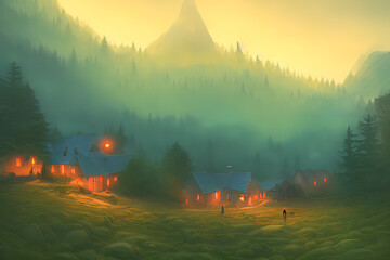 Fototapeta premium Incredibly village in forest mountains, Coniferous trees in the fog, beautifull lighting