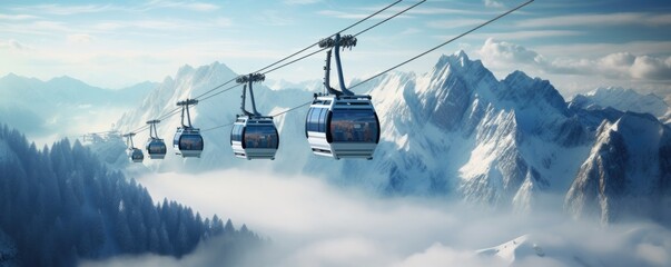 A cable car transporting skiers in a ski resort. Landscape covered with snow. Generative AI.