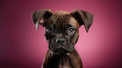Puppy  Boxer dog sitting on pink background with green eye, in the style of photographically detailed portraitures, dark pink and dark brown, strong facial expression - Generative AI