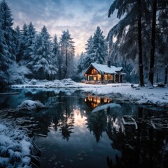 Cozy cabin in wild nature. Landscape covered with snow. Winter concept.