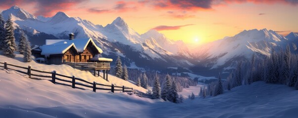 Cozy cabin in wild nature. Landscape covered with snow. Winter concept.