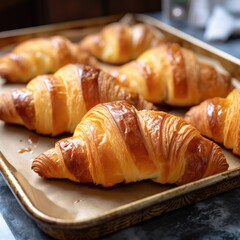 Delicious buttery croissants prepared on a baking sheet. Generative AI.