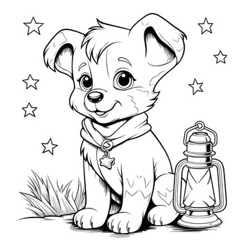 A Pup With A Christmas Lantern In The Dark Lanter, Coloring Pages Png