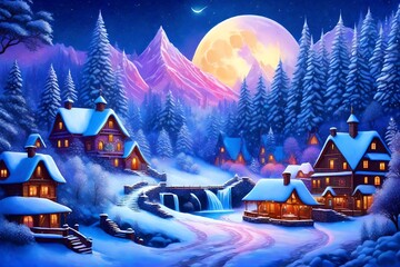 charming fairy tale village, snow-covered decorated Christmas trees, warm inviting cabin, ultra...