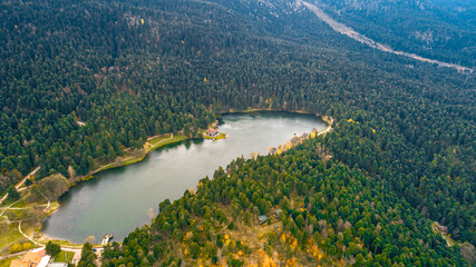 Aerial view of Golcuk Lake  in autumn. Golcuk National Park. Bolu, Turkey.