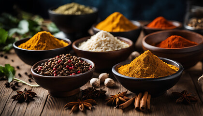 variety of spices in bowls on a wooden table. There are at least 10 different spices visible, including cumin, coriander, turmeric, paprika, and garam masala. - obrazy, fototapety, plakaty