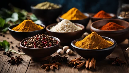 Fotobehang variety of spices in bowls on a wooden table. There are at least 10 different spices visible, including cumin, coriander, turmeric, paprika, and garam masala. © Simo