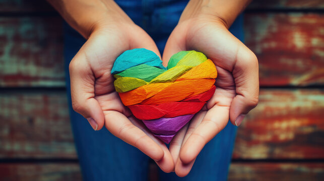 A woman holds in her hands a heart painted in the rainbow colors of the LGBT flag. AI generated