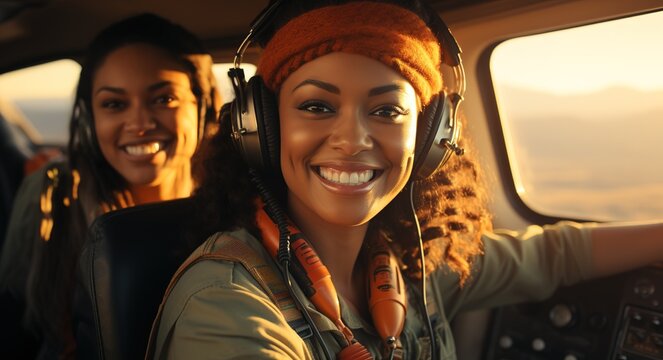 african american woman piloting an army plane or helicopter. happy military aviator. successful, empowered. generated with ia - Powered by Adobe