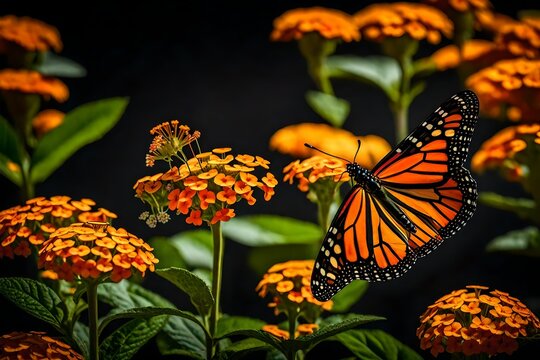 A captivating image in nature unveils the beauty of a monarch butterfly gracefully perched on a lantana flower  generative ai technology
