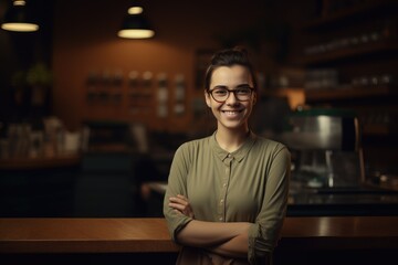 Fototapeta premium Portrait of a smiling server woman working in a bar-restaurant or club. Generative AI