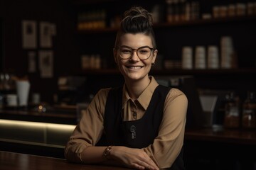 Portrait of a smiling server woman working in a bar-restaurant or club. Generative AI