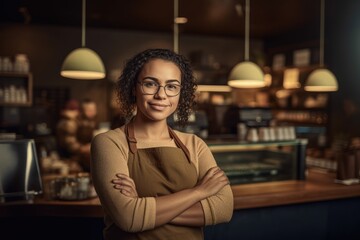 Portrait of a smiling server woman working in a bar-restaurant or club. Generative AI