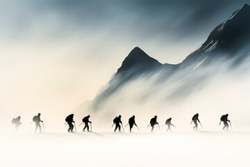 Fototapeta na wymiar Group of mountain hikers trekking through snow and fog in the mountains with towering peaks