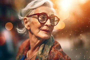 Stylish senior woman wearing eyeglasses. Portrait of mature grey haired lady on sunny street....