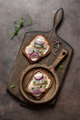 Herring sandwich with rye bread ,red onion and microgreens, dark rustic background. Top view, flat...