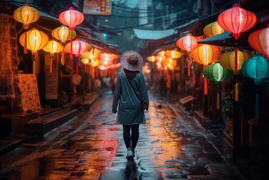 Woman walking alone on rainy weather. Back view of lady on street with hanging lanterns. Generate ai
