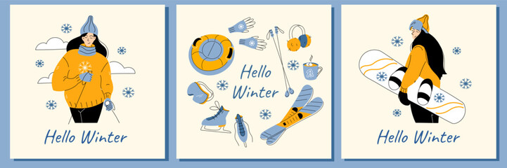 Winter sport greeting cards. Woman with snowboard, poles and round frame with sport wear - ice skates, mountain skis, tube, mask and hello winter saying in hand drawn style.