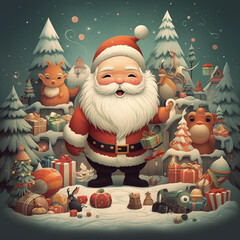 Adorable illustrations of Santa Claus, reindeer, snowmen, elves, and other festive characters.