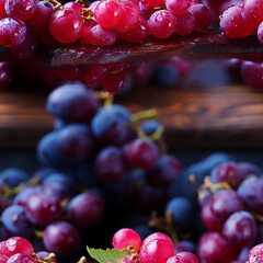 Grapes on a red wooden table and dark-blue background. Close up macro view.   - obrazy, fototapety, plakaty