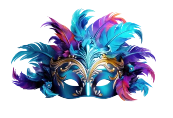 Gordijnen carnival mask with multicolor feathers in blue and purple tones on transparent background © Renata Hamuda