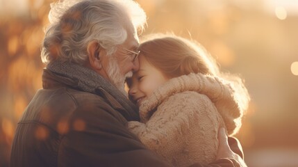 Portrait of a cute little girl hugging her grandmother in autumn park. Concept National Hugging Day