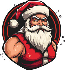 Cartoon strong Santa Claus. Logo.  Bodybuilder's head and body. Vector clip art illustration.