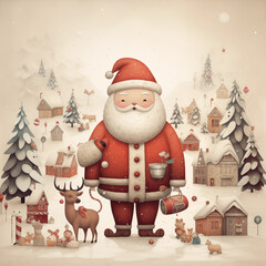 Adorable illustrations of Santa Claus, reindeer, snowmen, elves, and other festive characters.