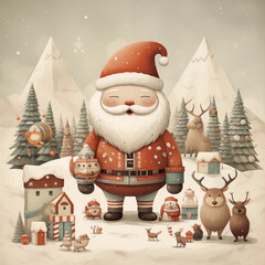 Adorable illustrations of Santa Claus, reindeer, snowmen, elves, and other festive characters.