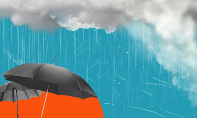 Contemporary artistic collage depicting two umbrellas and inclement weather.