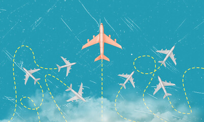 Modern artistic collage featuring multiple airplanes.