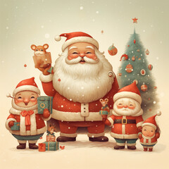 Adorable illustrations of Santa Claus, reindeer, snowmen, elves, and other festive characters.